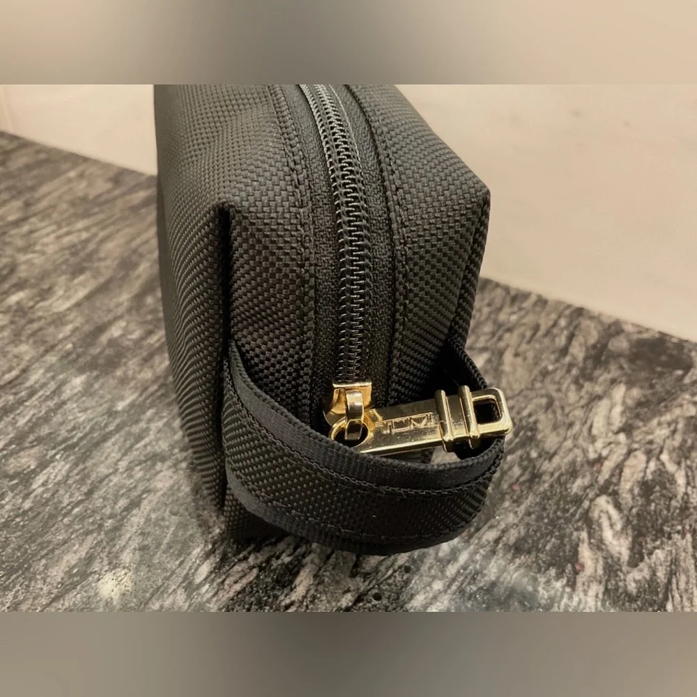 NEW - TUMI Zippered Small Kit - 4”x7” Pouch - Cosmetic Bag - BLACK with GOLD